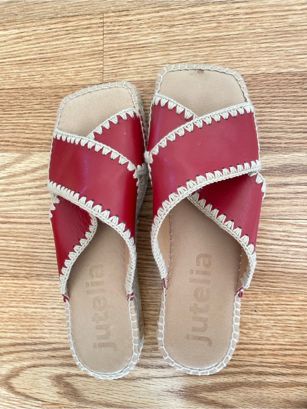 Jutelia Red Leather Crossband Slide Sandals